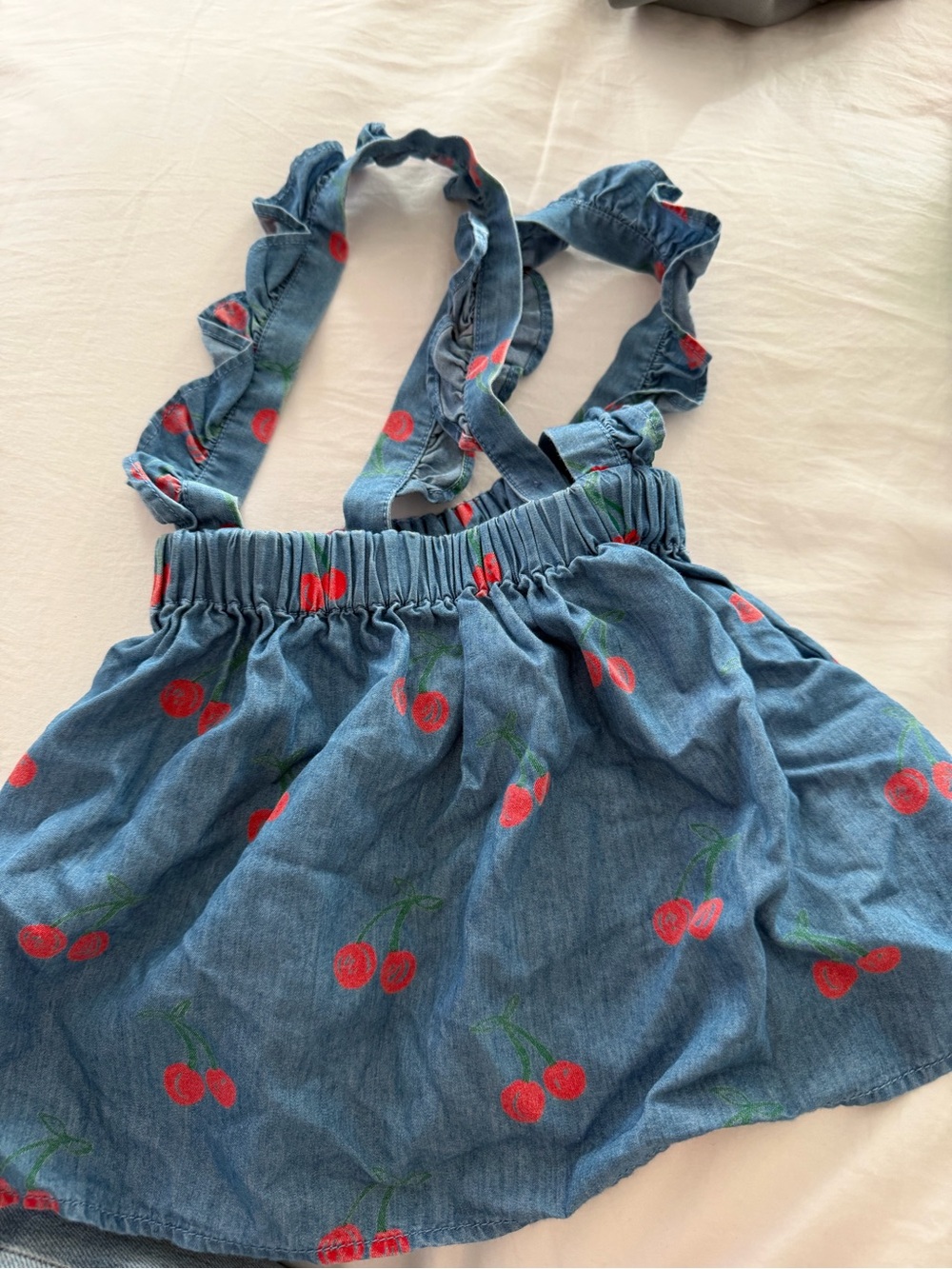 Stella McCartney Kids Blue Denim Cherry Print Ruffle Strap Dress